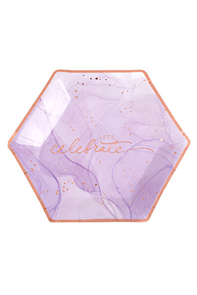 Zumzeria Hexagonal Lilac Marble Paper Plates with Gold Foil Let's Celebrate 2...