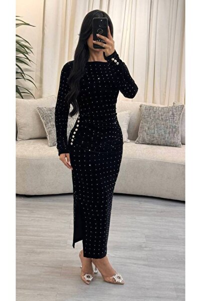 SELSAL فستان مخمل ماسك مرصع كريستالات - اسود - XXL-5