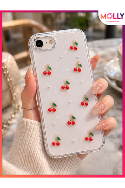 Molly iPhone SE 2020 İçin Cherry Pearl Luxe Şeffaf Işıltılı Kiraz Desenli Pre...
