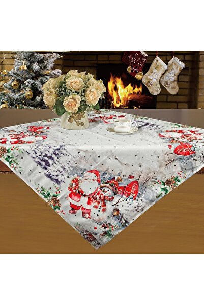 Zumzeria Ecru Christmas Tablecloth with Vintage Figure Santa Claus Snowman 80...
