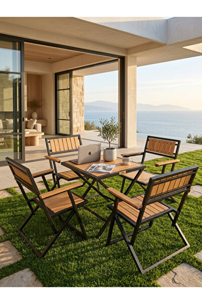 ESAMETAL MOBİLYA 4+1 Metal Gürgen Bahçe Mutfak Balkon Bistro Set Katlanır Mas...