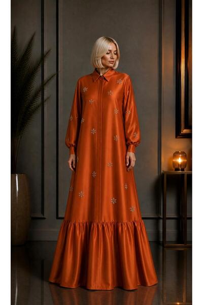 ALYEL NAKER A-Form Taffeta Maxi Dress with Daisy Stone Embroidery