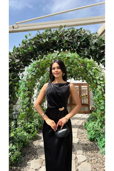 Nida Boutique Zero Sleeve Waist Draped Satin Dress with Accessories