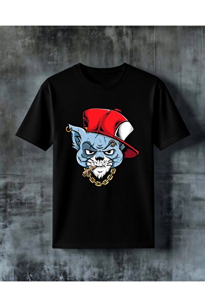 COMVİCHO Cat Blue Red Hat Printed Oversize T-Shirt