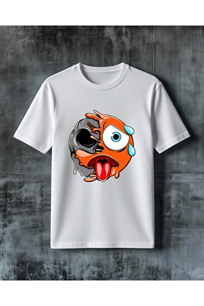 COMVİCHO Orange Sad Face Emoji Printed Oversize T-Shirt