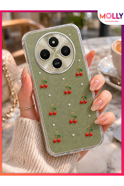 Molly REDMİ 14C İçin Cherry Pearl Luxe Şeffaf Işıltılı Kiraz Desenli Premium ...