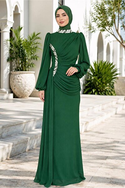 TRENDTESETTÜR KADIN YEŞİL (ZÜMRÜT) DRAPE DETAYLI ABİYE ELBİSE T 9663
