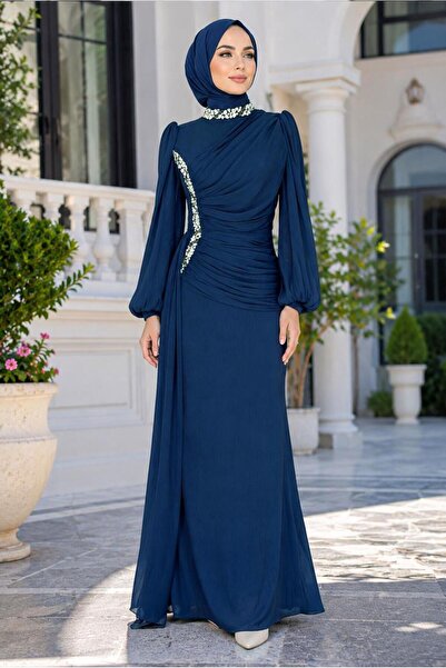 TRENDTESETTÜR KADIN LACİVERT DRAPE DETAYLI ABİYE ELBİSE T 9663