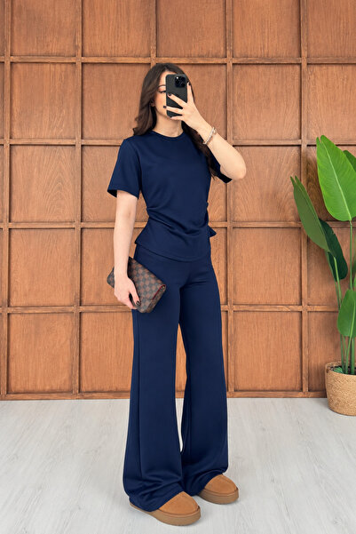 MİROR Women's Navy Blue Drawstring Detailed T-Shirt and Pants Set