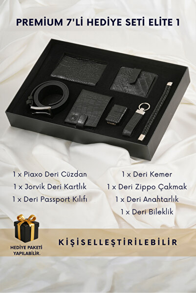 CüzCan Elite 1 - 7'li Premium Hakiki Deri Erkek Hediye Seti - Cüzdan, Kemer, ...