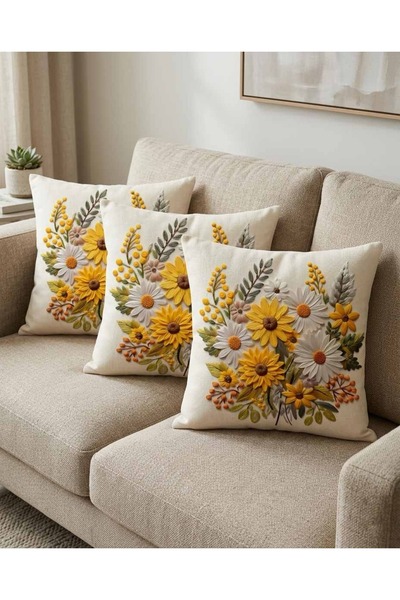 menesahome Natural Tone Yellow Floral Patterned Digital Printed Set of 4 Throw Pillow Covers with Punch Embroidery Effect