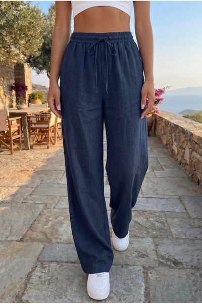 BİKELİFE Pantaloni de damă din amestec de in, cu talie elastică și croială le...