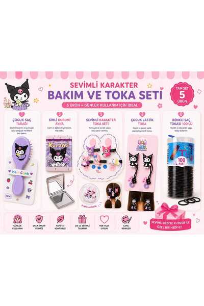 Aselaksesuarr 5'li Set Mor Kuromi Figürlü Kız Çocuk Saç Tarağı Aynalı Saç Bak...