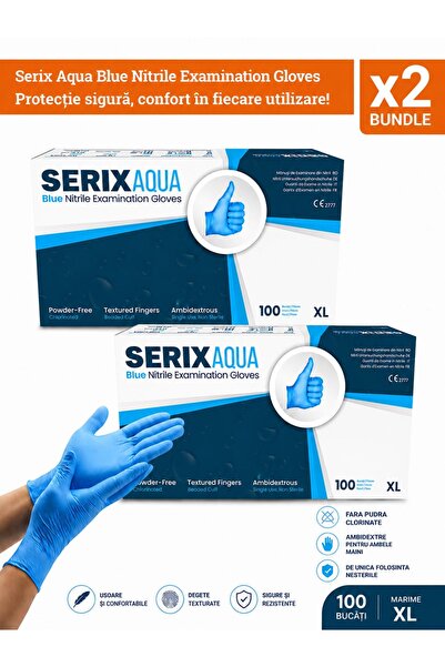 SERIX 2 Cutie x 100 Manusi Examinare Nitril Albastre, Nepudrate, Aqua (XL)