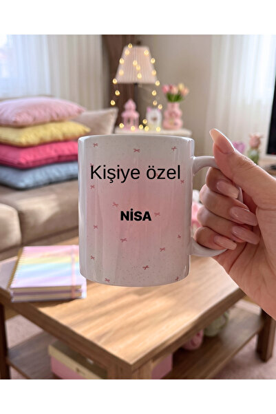 matizya Kişiye Özel İsim Yazılı Kupa Bardak Pembe Kurdele Desenli Tasarımlı S...