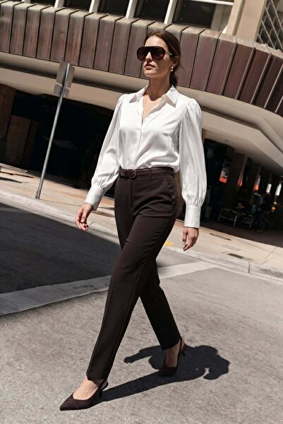Sateen Elastic Waist Classic Trousers - Brown