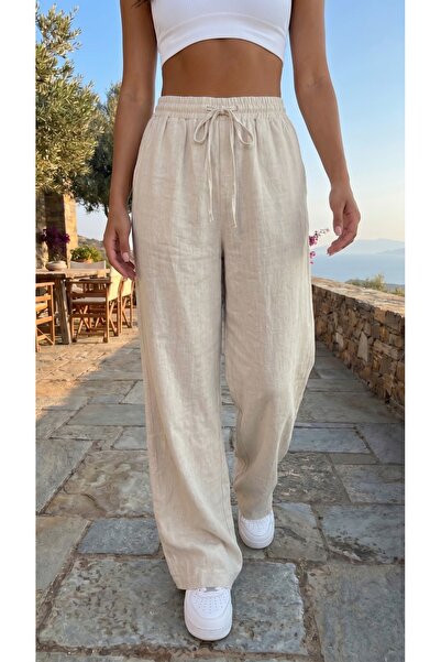 BİKELİFE Women's Linen Blend Loose-Fit Trousers with Elastic Waist
