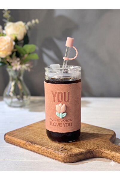 Lumindra Minnoş 350ml Glass Cup with Straw |   Covered |   Cold Coffee Smooth...