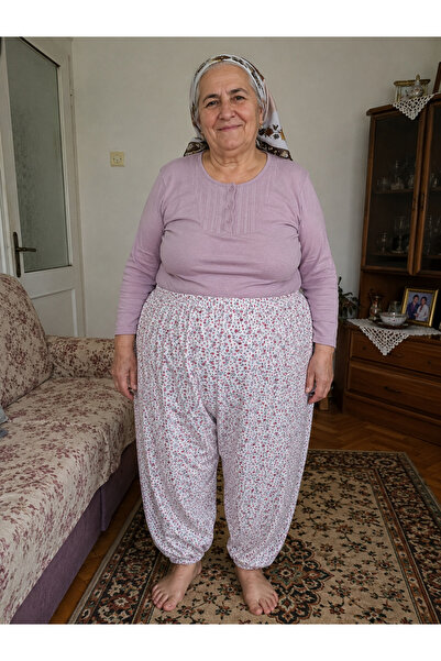 Nisa Süper Battal Çiçek Desenli Ağlı Anne Pijama Altı Paça Lastikli Don (Karı...