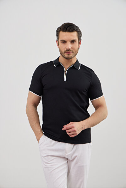 RAVANELLI Tricou pentru bărbați cu guler polo, cu fermoar și detaliu cu dungi...