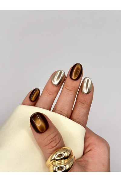 Kahve Cat Eye Takma Tırnak – Gümüş Aynalı El Yapımı Press On Nail