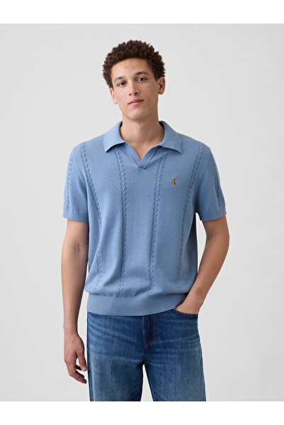 GAP Erkek Açık Mavi Relaxed Johnny Yaka Pointelle Triko Polo T-Shirt