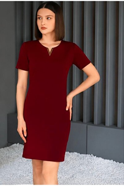 Elmas butik Yarım Kol Bordo Yakası Toka Detaylı Elbise