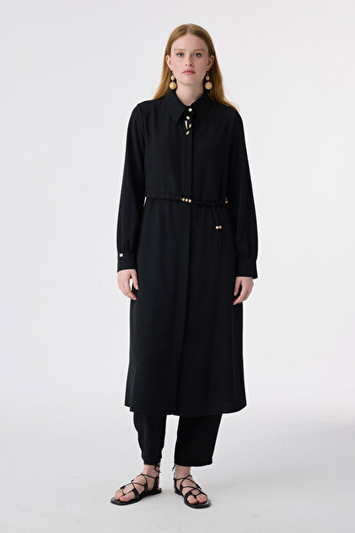Zühre Collared Belted Black Giy Çık with Button Detail 0353