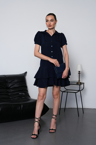 NAVY Balloon Sleeve Flared Mini Straight Dress