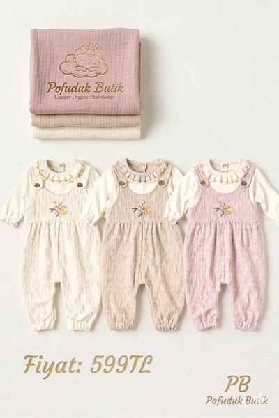 PofudukButik Pofuduk Butik Kız Bebek Çiçek Nakışlı ve Fırfır Detaylı Triko tulum