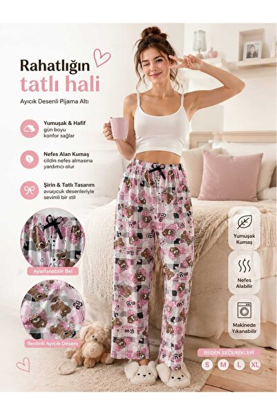 DİAMOND OUTLET Women's Pink Teddy Bear Patterned Pajama Bottoms - Comfortable...