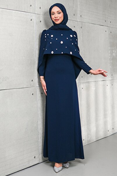 İmajButik Navy Blue Evening Dress with Cape Detail and Stones on the Front
