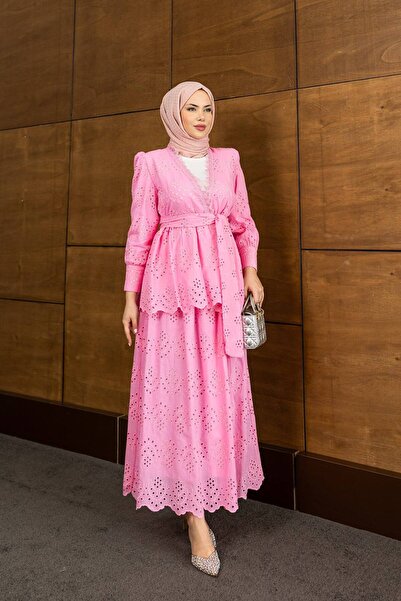 Nes Moda Kadın Kuşak Detaylı Etek Gömlek Takım Tesettür Fisto Elbise