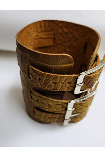 aysefe Genuine Leather, Tan Crocodile Print, 3-Belt Wide Ottoman Yeniçeri Bra...