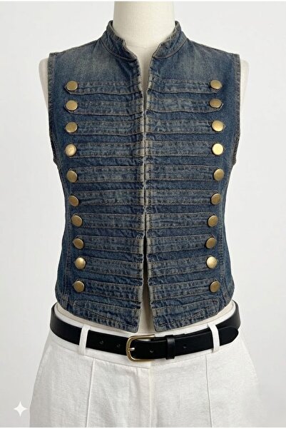 LOKADI Women's Military Style Gold Buttoned Denim Vest - Stand Collar Militar...