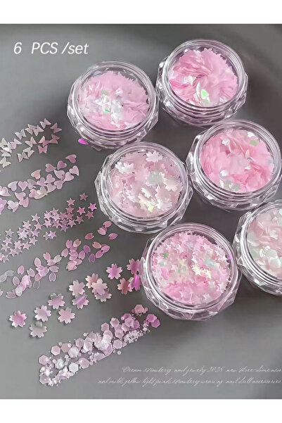 Choice 1 Set 1/6 piece pink cherry blossom glitter nail art, heart glitter na...