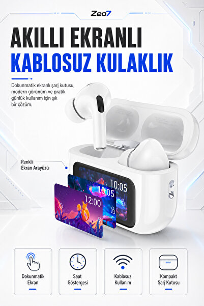 Zeo7 ANC+ENC Dokunmatik Ekranlı Bluetooth Kulaklık LCD Göstergeli Kablosuz Pr...