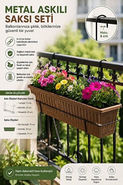 Binbirreyon Askılı Balkon Saksısı Metal Ayaklı Saksı Terracotta 71cm Büyük Sa...