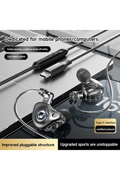 choice2 TypeC Black Hot 9D Super Bass In Ear Headphone Wire-Controlled With m...
