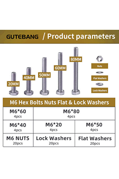 Choice 80pcs M6 Screws 20-80 mm Hex Head Bolts with Nuts, Flat Lock Washers, ...