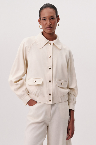 Exquise Long Sleeve Crop Bomber Jacket with Pockets and Elastic Waist