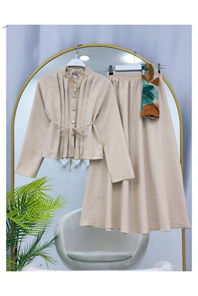 YEDİLALE Gold Buttoned Pleated Blouse and Flared Skirt Two-Piece Set [Excludi...