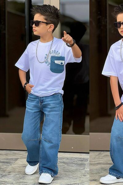 aura7 collection Boy's Knitted Pocket T-Shirt Baggy Denim Set
