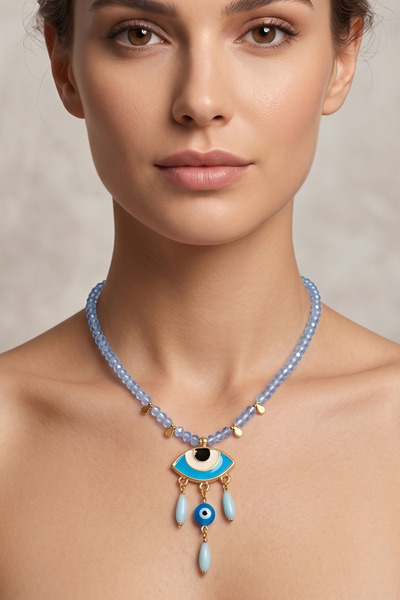 PETEK AKSESUAR Blue Evil Eye Figure Natural Stone Necklace