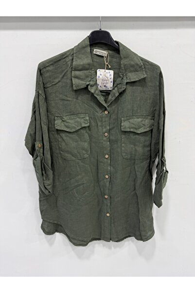 della moor Women's Khaki Italian Folded Long Sleeve Oversize Long Linen Shirt...