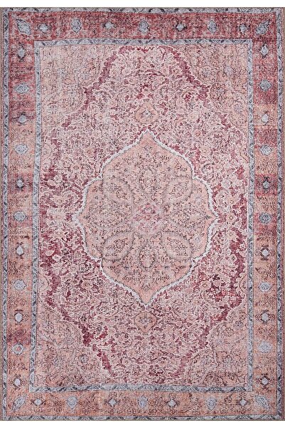 Pera Halı Eskitme Madalyon Desenli Gül Kurusu ve Gri Vintage Halı - AL167OU