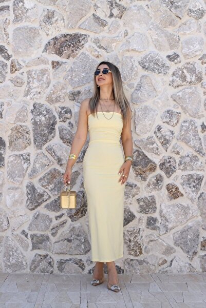 bytugcekaya Yellow Lycra Strapless Midi Dress