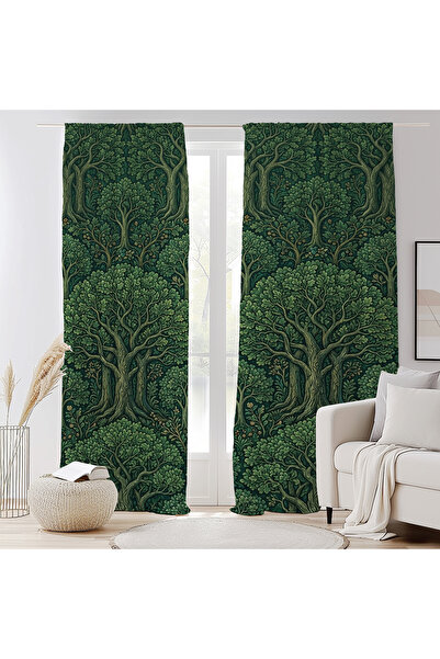 Hanna Home Yeşil Turkuaz Floral Desenli Kadife Görünümlü Salon Fon Perde