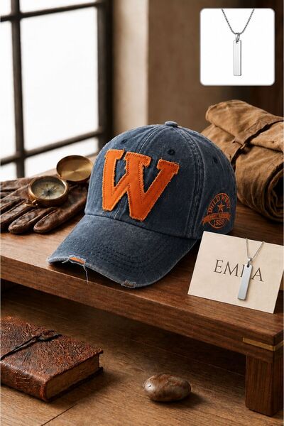 EMKA GİYİM Unisex W Model Vintage Washed Hat Cap with Necklace Gift