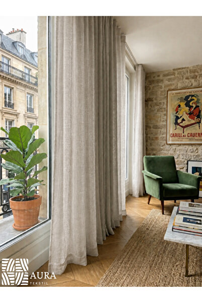 Fluiana Paris Keten Tül Perde |Taş Keten Ekstrafor Büzgülü Pilesiz Düz Dikim,...